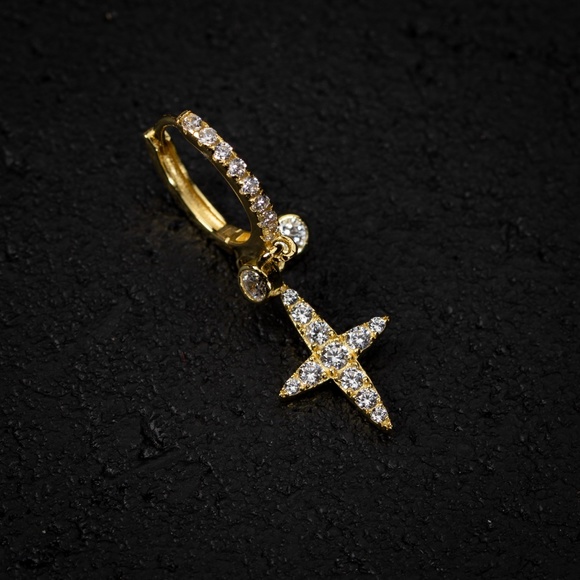 Iced 14K Gold Plated Mens Streetwear Dangle Hanging Cross Drop Hoop Earrings - Picture 3 of 5